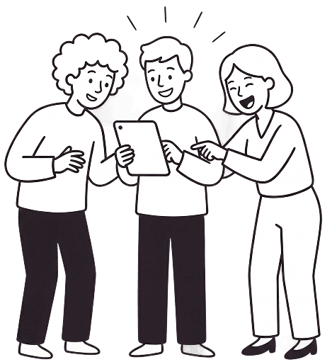 Team collaborating around a shared screen